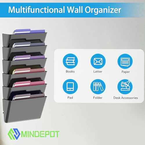 MINDEPOT 6 Pockets Acrylic Wall File Organizer, Clear Wall File Holder, Plastic Hanging Wall File Holder for Office, School and Home, Black - color: Black, size: 6Pack