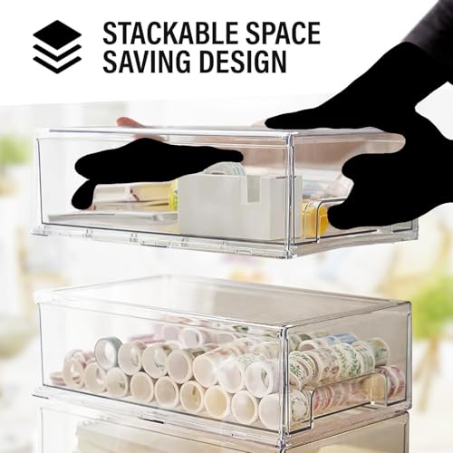Clear Plastic Stackable Storage Drawers Bins, Perfect for Kitchen Pantry Organization and Storage, Under Sink Organizer, Pull Out Cabinet Organizer, Makeup, Bathroom Storage Containers for Organizing - size: Large 13.5 x 8.3 x 5.7