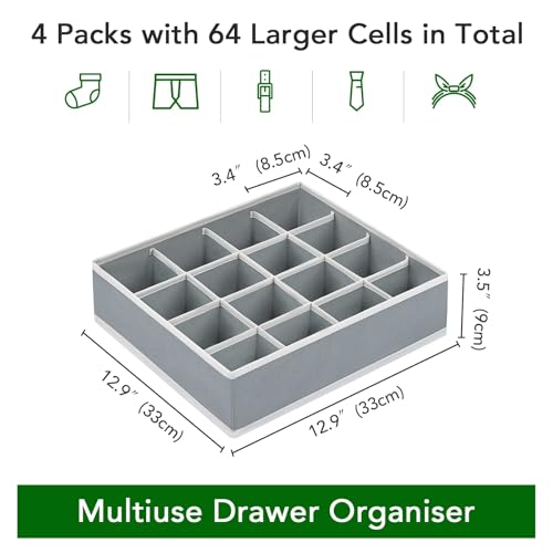 Joyoldelf Sock Drawer Organizer Divider Underwear Organizer 16-cell Fabric Dresser Drawer Organizers Storage Boxes for Socks Lingerie, Handkerchiefs, Ties 4 Pack (Grey) - color: Grey, size: 4*16 cells