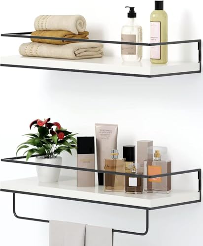 Shario White Floating Shelves - Set of 2, Wall Mounted Hanging Shelves with Black Towel Rack, Decorative Storage Shelves for Bathroom, Kitchen, Living Room & Bedroom (Modern White, 15.7 Inches) - color: Modern White