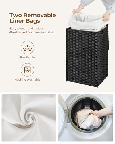 Greenstell Laundry Hamper with Lid, 60L Clothes Hamper with 2 Removable Liner Bags & 2 Mesh Bags, Handwoven Synthetic Rattan Basket, Toys in Bathroom, Bedroom Black - color: Black, size: 60L (13.4 x 13.4 x 21.7 inches)