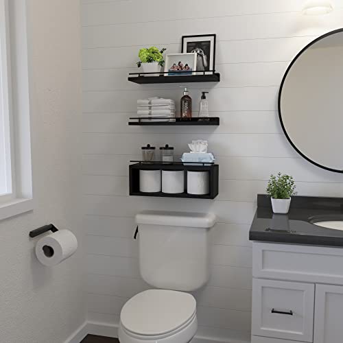 WOPITUES Floating Shelves for Wall with Cube Shelf, Wall Shelves with Metal Rail for Bathroom Decor, Bathroom Organizers and Storage, Over Toilet Shelves for Toilet Paper-Black - color: Black, size: 15.7 inch