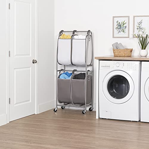 Neatfreak - 2 Tier Vertical Rolling Laundry Cart - Rolling Storage Cart On Wheels With 4 x Tote Hampers For Laundry, Towels, Blankets & Bathroom Organization - Quad Laundry Sorter