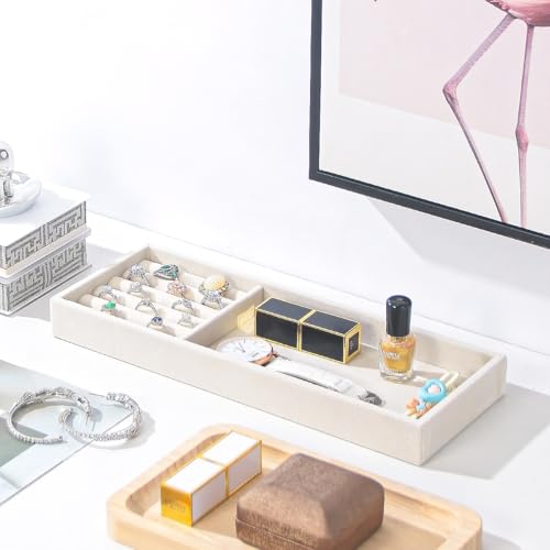 2Pcs Desk Drawer Storage Tray, Nightstand Organizer, Necklace Bracelet Ring Earring Jewelry Display, Grid Table Organizer Holder for Sunglass, Phone, Watch, Perfume (2 grid)/Beige - color: Beige, size: 2 Grid