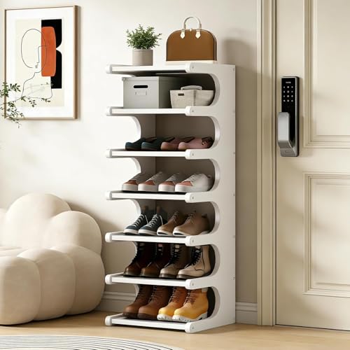 39" Bamboo Shoe Rack - Vertical Shoe Organizer Rack for Small Space, Narrow Shoe Tower for Closet, Entryway, Corner, Tall Shoe Shelf with Removable Shelves, Flexible Storage Shelf for Saving Space - color: White
