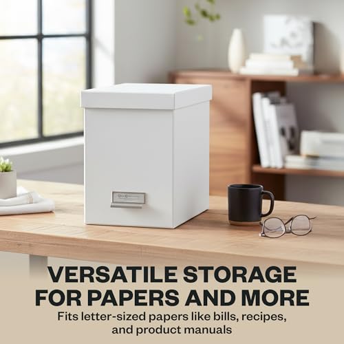 Bigso John Fiberboard Label Frame Desktop File Storage Box - Document Organizer for Important Paperwork - Durable Hanging File Box with a Lid & Metal Label Window - 7.36 x 13.38 x 10.51 in - White - color: White