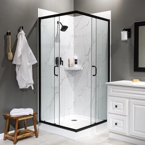 Palisade Vinyl Waterproof Corner Shower Shelf in Carrara Marble/Urban Glacier - color: Carrara Marble/Urban Glacier