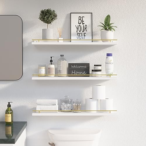 WOPITUES Floating Shelves 24 inch with Gold Metal Guardrail, Shelves for Wall Decor Set of 3, Wall Shelves for Bedroom, Bathroom, Kitchen, Living Room, Plants, Picture Frames, Art- White and Gold - color: White and Gold, size: 23.6 inch