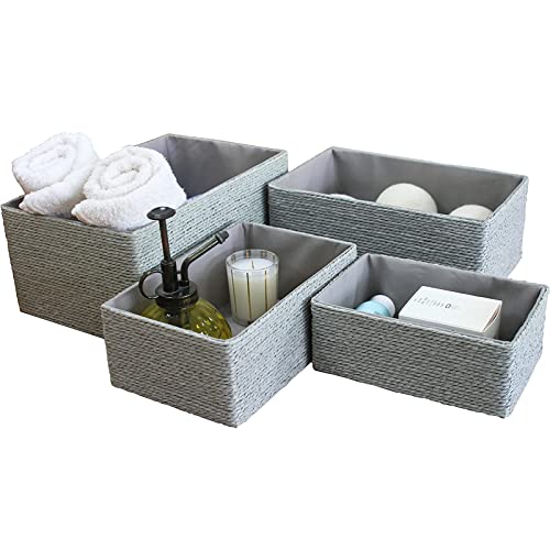 LA JOLIE MUSE Storage Baskets Set 4 - Stackable Woven Basket Paper Rope Bin, Storage Boxes for Makeup Closet Bathroom Bedroom (Gray) - color: Gray
