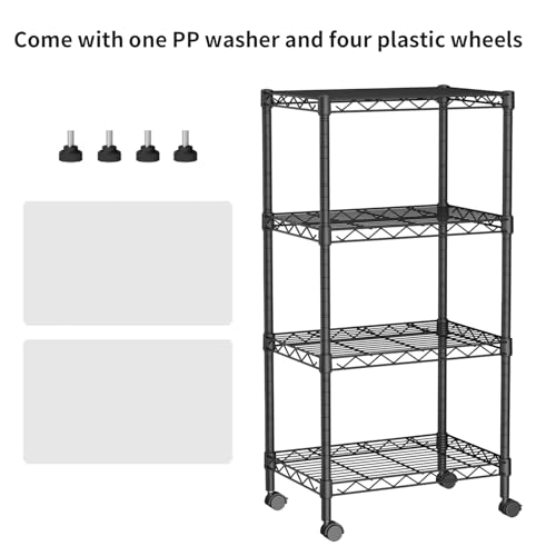 Golpart Small 4 Tier Shelves Storage Wire Shelving Unit Metal Shelf Adjustable Organizers Storage Shelving with Wheels for Bathroom Laundry Room Kitchen Pantry12”D x 18”W x 44.8”H Black - color: Black, size: 4 shelves (12 "D X 18 "W X 44.8 "H)