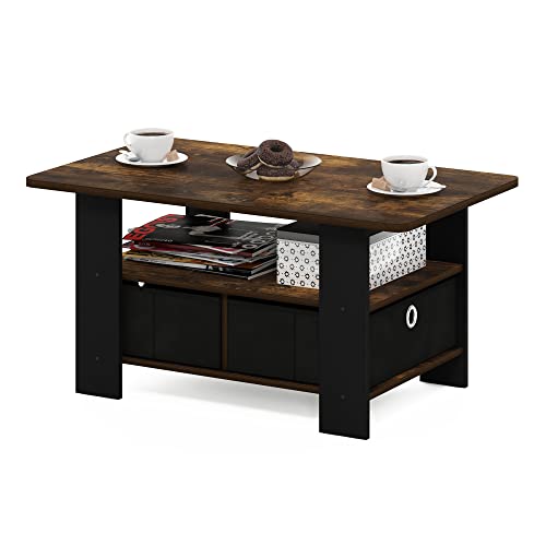 Furinno Andrey Coffee Table with Bin Drawer, Amber Pine/Black Small Non-Lift Top - color: Amber Pine/Black, style: 2 Bin