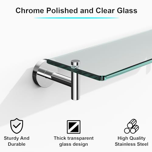 Glass Shelves for Bathroom,16-Inch Chrome Polished Floating Bathroom Shelf Stainless Steel Tempered Glass Shelf Modern Shelves Wall Mounted - color: Chrome Polished, size: 16"without railing