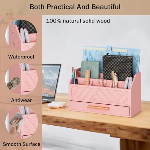 dreampossible Pink Wood Desk Organizer and Accessories with Drawer, Bill Mail Organizer and File Mail Holder for Office Supplies, Modern Desk Accessories & Workspace Organizers for Desk Organization - color: Pink A