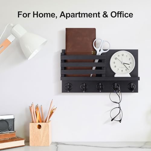Lwenki Key Holder for Wall – Decorative Wooden Mail Holder and Key Shelf with Mounting Hardware, Installation Guide – Paulownia Wood with Metal Key Hooks (Black, Large - 11.8inch) - color: Black, size: Large - 11.8inch