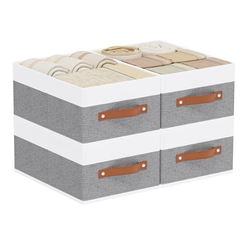 Storage Boxes, Storage Baskets with Handles, Cube Organizer Bins for Wardrobe Bedroom Laundry, 13 × 9.1 × 5.5 Inch, White and Grey, 4-Pack - color: White/Grey, size: Medium -4 Pack