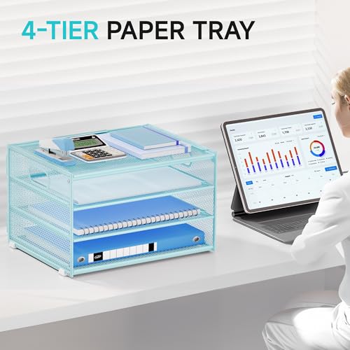 Lavatino 3-Tier Letter Tray Desk Organizer, Mesh Metal Paper File Tray Organizer for Desk, Office Supplies & Home Organization, Fits A4 Paper, Mail, Magazines & Office Accessories (Blue with Handle) - color: 4-tier With Handle - Blue