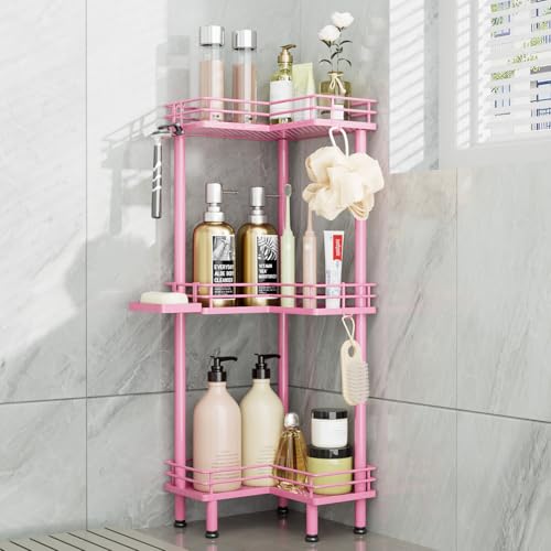 Consumest Corner Shower Caddy Standing - 3-Tier Stainless Steel Shower Organizer with Soap Holder and 4 Hooks, Large Capacity Corner Shelf Stand for Bathroom, Rest Room, Pink - color: Pink, size: 3 Tier