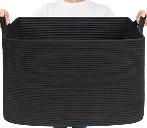 Goodpick Large Woven Storage Basket, 105L Extra Large Blanket Basket for Living Room, Bedroom, Rectangle Cotton Rope Organizer for Toy Storage, 25”x16”x16”, Black - color: Black, size: XX-Large(25"L x 16"W x 16"H)