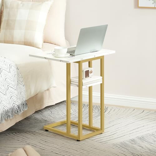 HOOBRO Foldable End Table, Gold C Shaped Side Table with Storage Shelf, Small Snack Table Suitable for Living Room Bedroom Small Spaces, Easy Assembly, Gold and Marble DM29SF01 - color: Marble + Gold