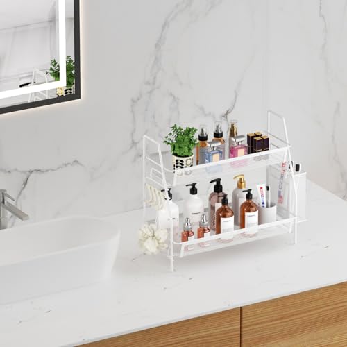 VITVITI 2-Tier Bathroom Organizer Countertop, Metal Wire Mesh Bathroom Counter Organizer Storage with Basket Hooks, Vanity Tray Shelf, Kitchen Spice Rack, White - color: Large White Wire Mesh