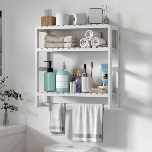 Galood Over The Toilet Storage Bathroom Shelves Wall Mounted 3 Tier Space Saver Corner Shelf Organizer Bamboo Towel Rack Toilet Paper Cabinet with Hanging Rod White - color: White 1pack, size: Large