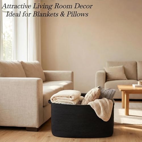 Optish 95L Large Blanket Basket, Woven Storage Baskets with Reinforced Handles, Rope Laundry Basket for Living Room, Bedroom, Nursery, Toys, Clothes,Pillows, 24” x 17” x 13.5”, Black - color: Black, size: 24" x 17" x 13.5"(95L)