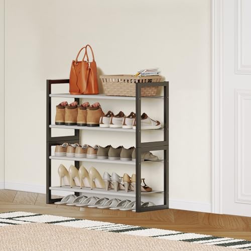 4-Tier Shoe Rack for Closet & Entryway, Stackable Shoe Organizer with Screw-Fastened Metal Frame, Less Wobble Design, Heel-Friendly Non-Woven Shelves, 11.8" Deep Space-Saving Shoe Storage Black - size: 4-Tier