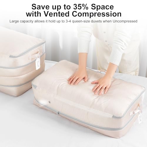 Comforter Storage Bag - Large Capacity Bedding Storage Bags Ultra Space Saving Self Compression Organizer, Washable Compression Bags for Storage Comforter Blanket Duvet Pillow, 2-Pack, Beige - color: Beige, size: 2 Packs