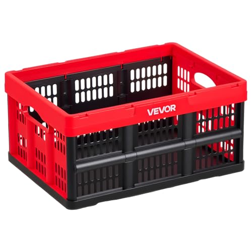 VEVOR Plastic Collapsible Storage Bins, 32L 3 Packs, Stackable Folding Storage Crates with Handles, Holds 26 lbs Per Bin, Foldable Heavy Duty Containers, Space-Saving Baskets, for Home Organizing - size: 32L-Red-3PC