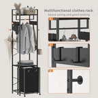 Coat Rack with Laundry Basket, Laundry Hamper Freestanding Hall Tree, Clothes Rack with Storage Shelves, 14.5 Gal Removable Bags on Wheels, Black JLH005B - color: Black
