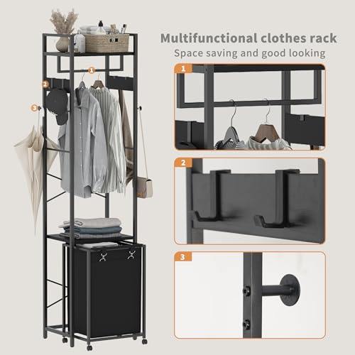 Coat Rack with Laundry Basket, Laundry Hamper Freestanding Hall Tree, Clothes Rack with Storage Shelves, 14.5 Gal Removable Bags on Wheels, Black JLH005B - color: Black