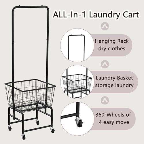 Rolling Laundry Cart with Wheels, Laundry Hamper Basket Organizer with Clothes Hanging Rack, Wire Storage Cloth Shelf Butler, Black - color: Black