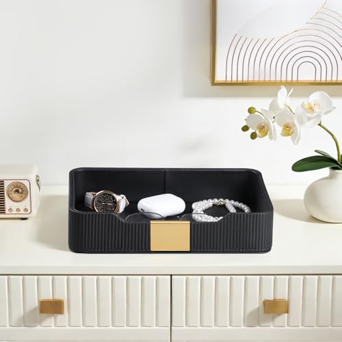 Valet Tray Desktop Storage Organizer, PU Leather Catchall Bedside Vanity Tray with Brass Accents Block Nightstand Organizer for Keys Watch Wallet Phone, Decorative Nightstand Storage (Black) - color: Black