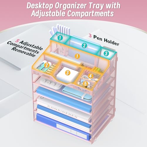 6 Tier Mesh Desk Organizer,Multi Functional Letter Paper Tray with 3 Pen Holders and 5 Adjustable Storage Compartments for Office Supplies Files and Mail Space Saving Desktop Organizer-Pink - color: 6 Tier-pink