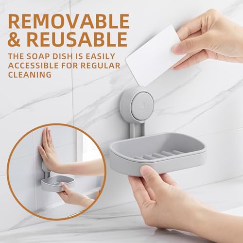 LEVERLOC Soap Dish Holder for Shower Suction Cup Wall Mounted Self Draining NO-Drilling Removable Bar Soap Sponge Holder for Bathroom Bathtub Kitchen Sink Waterproof Strong Vacuum Suction, Grey - style: 1 tier Grey