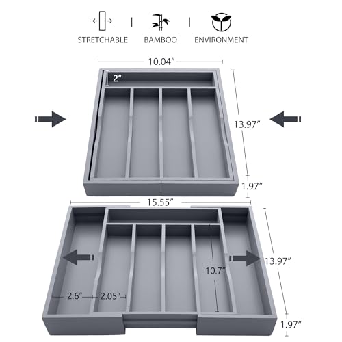 Expandable Bamboo Kitchen Drawer Organizer for Cutlery and Utensils, Adjustable Bamboo Wood Cutlery Tray in Drawer for Flatware and Silverware in Kitchen, (Grey) - color: Grey, size: 7 Slots Expandable