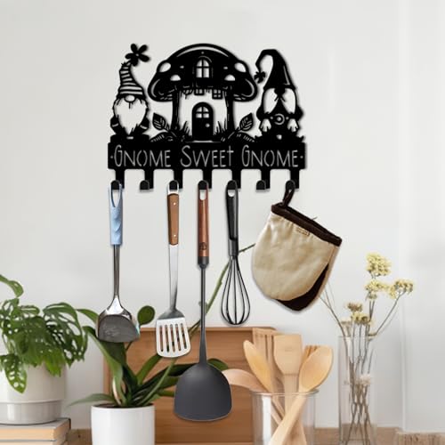 Key Holder Wall Mount, Gnome Sweet Gnome Sign, Key Holder Wall for Wall Decorative with 6 Hooks, Organizer Rack Hanger for Entryway, Front Door, Hallway, Office 9.8 inches - color: Gnome Sweet Gnome