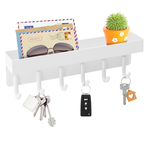 VIS'V Key Holder Wall Mount, Compact Adhesive Key Rack with Tray, 6 Hooks, 2 Mount Options, White - color: White