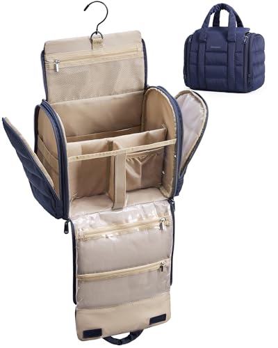BAGSMART Makeup Bag Puffy Fabric Toiletry Bag, Removable Partition & Hanging Hook, Cosmetic Bag for Travel-Sized Shampoo, Conditioner, Brushes Set, Makeup Accessories, Medium Capacity, Navy Blue - color: Navy Blue