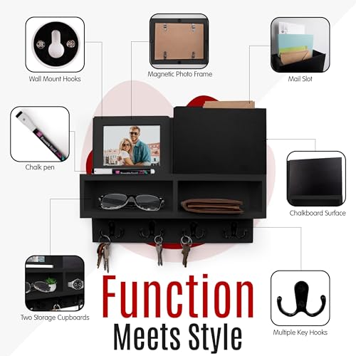 Spacelog Key and Mail Holder for Wall with Chalkboard – Magnetic Photo Frame Key Holder Wall Mount, Black, Dual Storage & Cupboards Mail and Key Organizer for Wall - color: Black