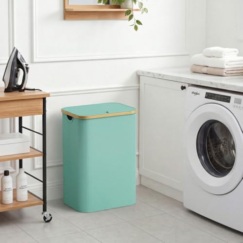Lifewit 80L Laundry Basket with Lid, Clothes Hampers for Laundry with Bamboo Handles and 1 Removable Bag, Large Foldable Laundry Hamper for Bedroom, Bathroom, Dorm, Laundry Room, Sage Green - color: Sage Green, size: 80L
