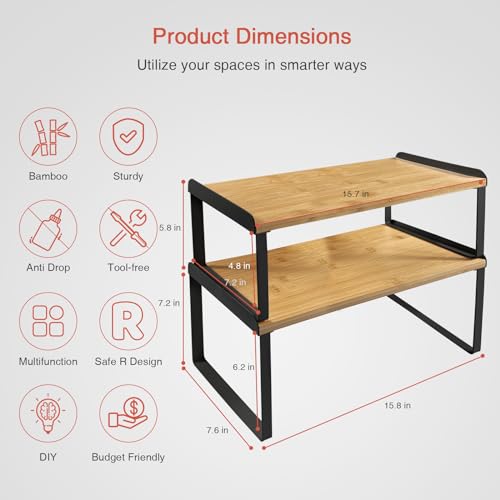 Goozii Kitchen Cabinet Organizer Shelf Set of 4, Stackable Pantry Cupboard Countertop Storage and Organizer, Desk Shelf Riser, Spice Plate Cup Expandable Storage Rack,(Black Bamboo) Large - color: Black-bamboo, size: Large