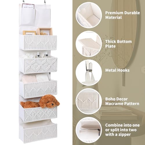 ANTIS'S HOME Over the Door Organizer Macrame Boho Nursery Storage with 5 Large Woven Pockets, Hanging Closet Basket for Bathroom or Nursery, Behind the Door Storage Organizer - size: Beige-5 Pockets