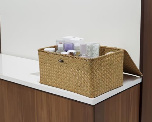 Wicker Basket with Lid, Natural Seagrass Storage Baskets for Organizing, Woven Basket for Storage, Decorative Boxes Bins with Lids Home Organizer Decor (Natural, 14.3" x 9.4" x 6.9") - size: 14.3" x 9.4" x 6.9"