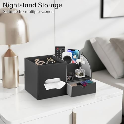 PU Leather Square Tissue Box Cover with Tray and Organizer, Multi-Function Remote Control Tissue Holder for Vanity, Nightstand, Bathroom, Home and Office - color: Black