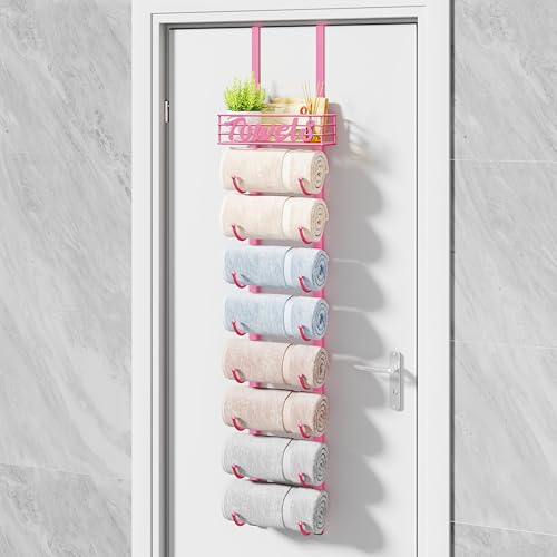 HapiRm Towel Racks for Bathroom Storage - 9 Tier Over The Door & Wall Mount Rolled Towel Storage Organizer Holder with Metal Shelf Basket for Small Bathroom, Camper, Rv - Pink, Patented - color: Pink, size: 9-Tier