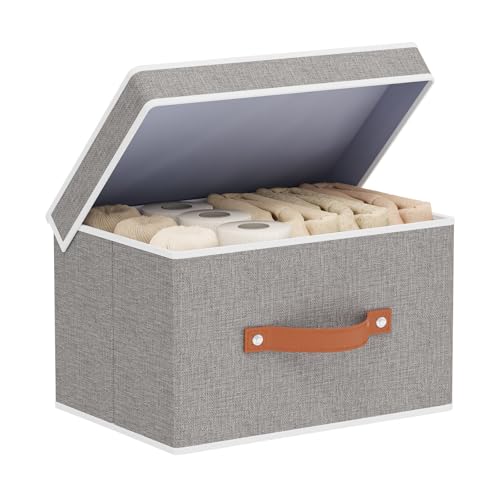 Storage Basket with Lid, Linen Foldable Storage Bin, Closet Organizer Box with Double Handles for Bedroom Corners, Grey, 1 Pack, 13 x 9.1 x 7.9 Inch - color: Grey, size: 13x9.1x7.9in(1-Pack)