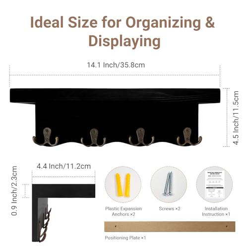 Key Holder for Wall with Shelf, Decorative Wave Design Mail Organizer Wall Mounted with 4 Double Hooks for Keys, Coats, Dog Leash, Wooden Key Rack for Entryway, Hallway, Home Decor (Black)