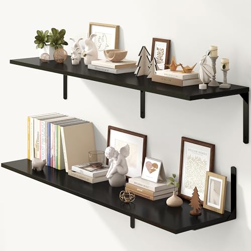 Fun Memories Floating Shelves for Wall, 12 Inch Deep Floating Shelves Set of 2, Wall Mounted Shelf with Metal Brackets, Rustic Wood Wide Shelf for Bathroom, Kitchen and Living Room, Black, 55W x 12D - color: Black- L Bracket, size: 55"W x 12"D