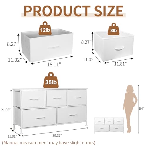 SHAWKEN Dresser for Bedroom with 5 Drawers,Fabric Dresser with One-Piece Steel Frame,Budget-Friendly Organizer for Closet, Hallway, Studio Apartment (Leather White) - color: Leather White